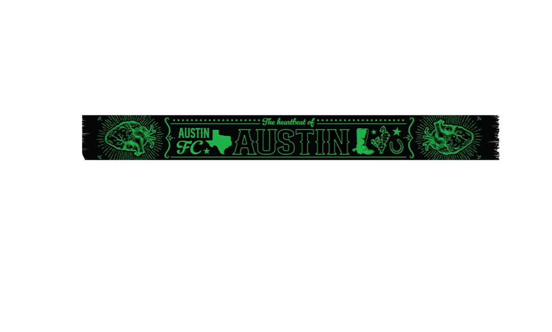 AUSTIN FC SCARF HOOK 25 HEARTBEAT BLACK AND GREEN